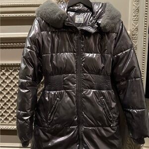 Mayoral Metallic Gray Puffer Jacket with Faux Fur Hood